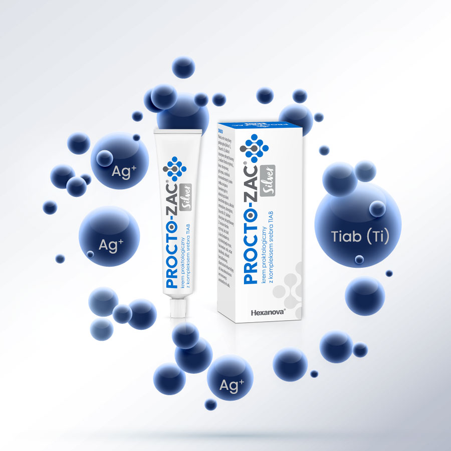 Proctozac Silver - krem proktologiczny z kompleksem srebra TIAB, wizualizacja nanocząsteczek Ag+ i Tiab (Ti) na tle opakowania produktu.