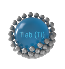TIAB, wizualizacja nanocząsteczek Ag+ i Tiab (Ti) na tle opakowania produktu.